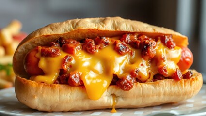 Close-Up of a Chili Cheese Dog with Melted Cheese