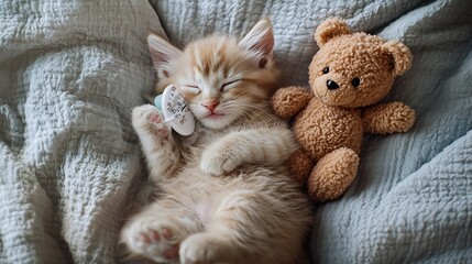 Fototapeta premium Sick kitten with thermometer and Bichon Frise puppy with with ice bag or ice pack on it head sleep with toy bear on a bed at home Top down view : Generative AI