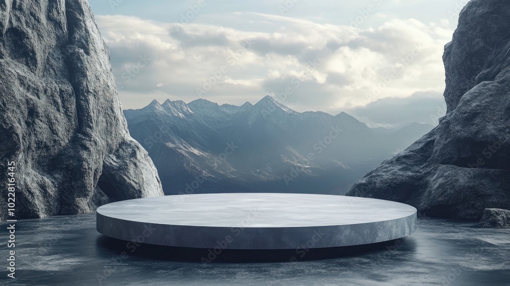 Poster 3D rendered platform and natural podium background on a mountain cliff for product showcase blank display mock up template or cosmetic presentation featuring an empty round stage