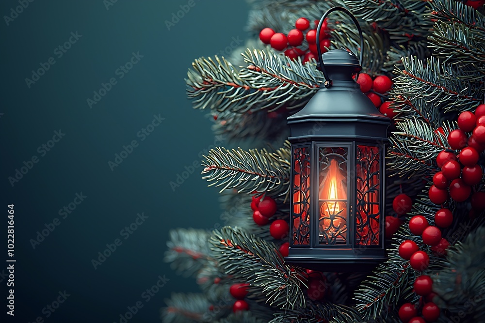 Poster one christmas lantern hanging on a branch of a decorated christmas tree on the right side : generati