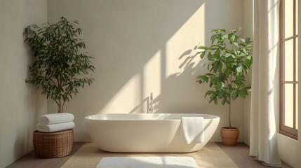 Modern Minimalist Bathroom Design with Freestanding Tub and Plants