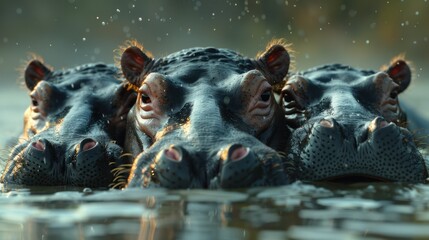 Fototapeta premium photorealism of Several hippopotamus calves look down.