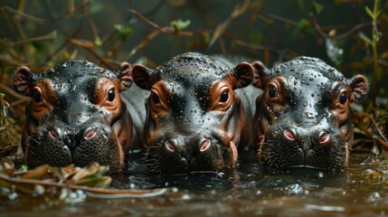 Fototapeta premium photorealism of Several hippopotamus calves look down.