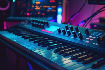 A close-up view of a synthesizer keyboard with colorful lights in a music studio during nighttime