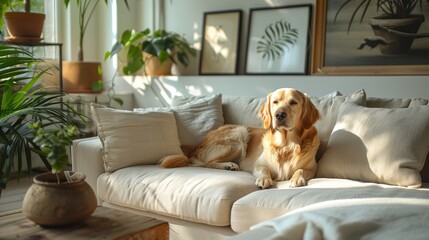 Obraz premium The interior is luxurious with a beige sofa with a dog sitting in the center, a console table and chic decorations. This room feels warm .