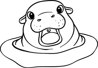 Happy Pygmy bouncy hippo in water doodle outline coloring image