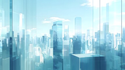 A futuristic cityscape with glass skyscrapers, reflecting the surrounding environment