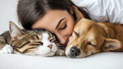 veterinarian hugging cat and dog isolated on white background : Generative AI
