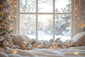 Cozy winter scene featuring a beautifully decorated window with snow, festive ornaments, and warm...