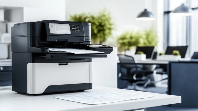 High-tech printer on a desk in a modern office, surrounded by documents and office equipment, with a bright, airy background featuring plants and workstations.