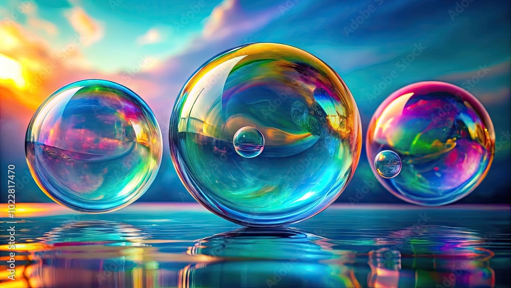 Poster three colorful bubbles floating against a soft blue background with reflections and highlights