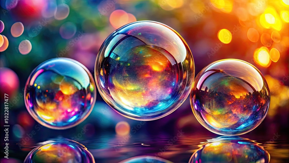 Poster three clear bubbles floating in the air with reflections of light and colorful backgrounds