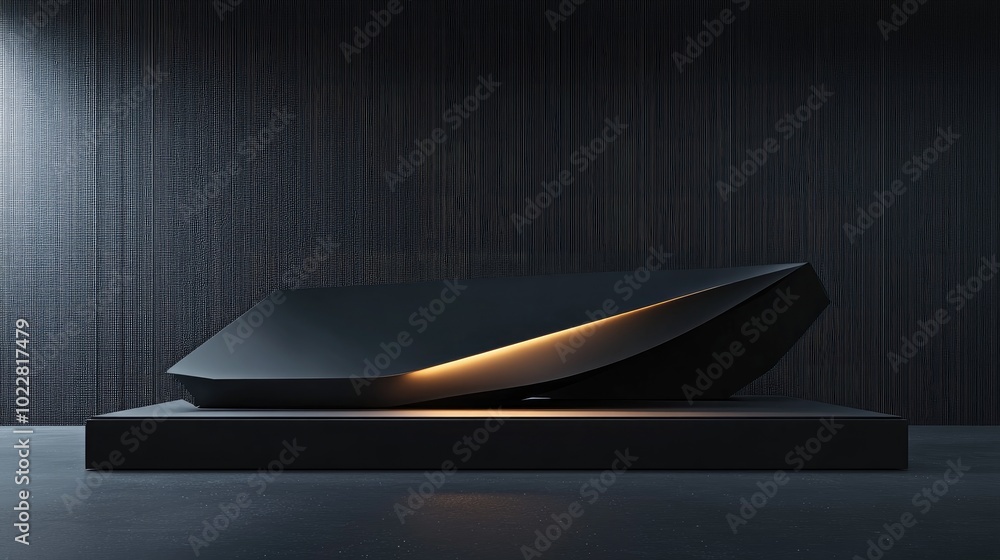 Poster 3D rendered black geometric display platform with a dark backdrop