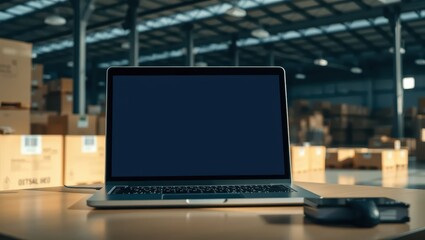 Laptop in Warehouse with Boxes