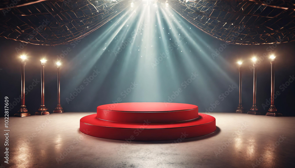 Poster a well-lit red stage with spotlights and elegant columns in an empty auditorium setting