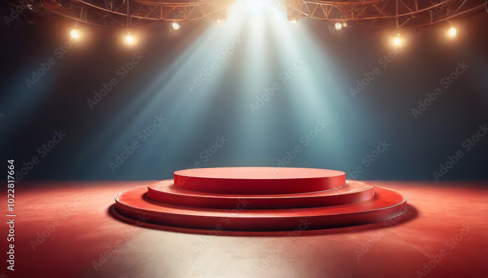 Poster a spotlight shines on a circular red stage in an empty auditorium with dramatic lighting effects dur