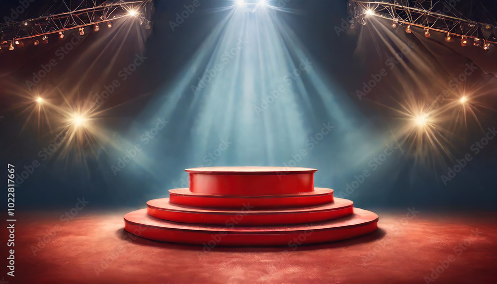 Poster spotlight illuminating a red stage setup with multiple tiers in a performance venue during an evenin