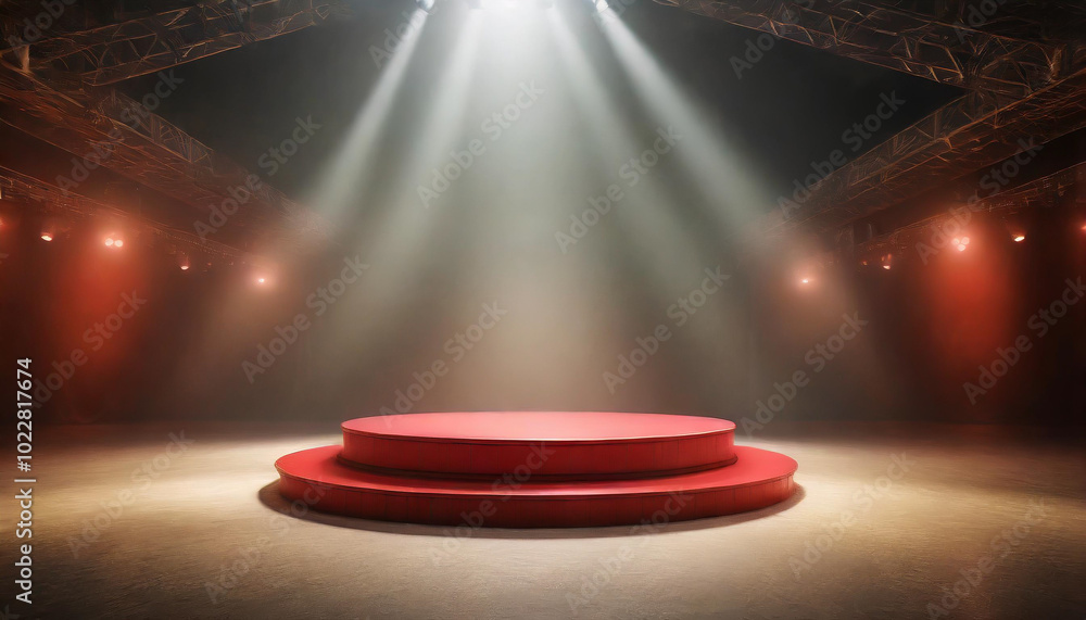 Poster a red circular stage illuminated by bright lights in an empty performance venue