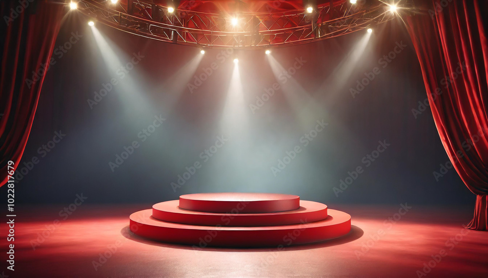 Poster a dramatic stage setup with red curtains and spotlight ready for a performance in an indoor theater 