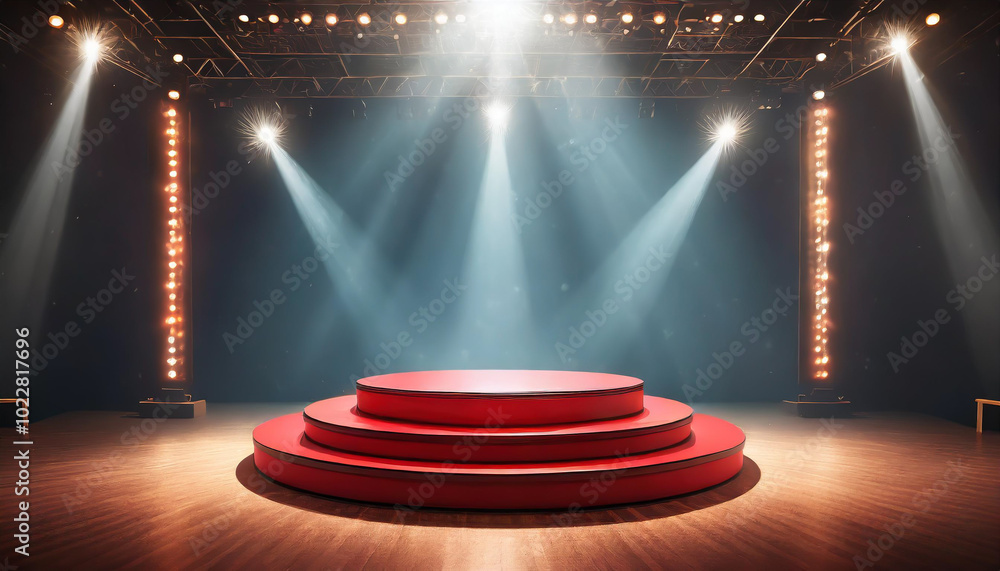 Poster a dynamic theater stage with spotlight beams illuminating a circular red platform and wooden floor d
