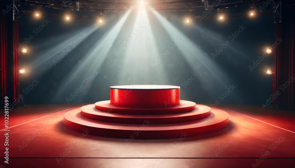 Poster a vibrant red stage illuminated by dramatic lighting in an empty theater, setting the scene for a ca