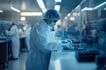 Meticulous Cleanroom Technician Diligently Cleaning Small Electronic Devices for Assurance