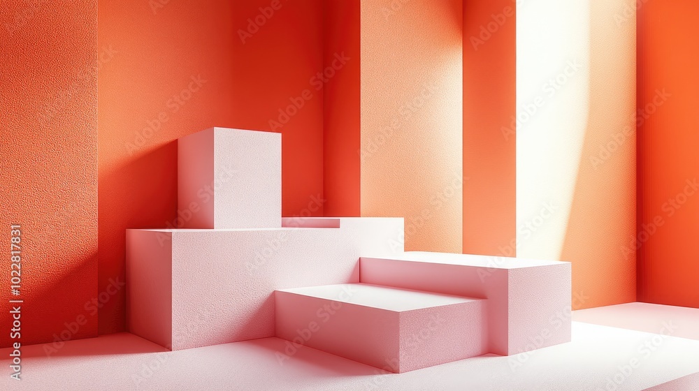 Aufkleber 3D abstract minimal background featuring an orange wall with square shapes in pink and white created through rendering