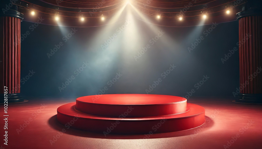 Poster a spotlight shines on a red circular stage surrounded by towering columns in an elegant theater sett