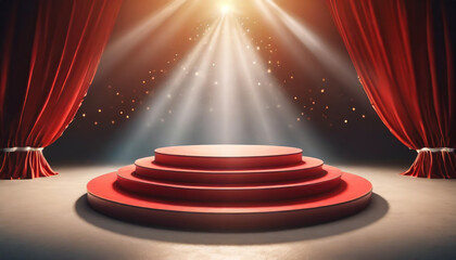 A spotlight shines on a red carpeted stage with elegant curtains, preparing for an important performance or presentation in an indoor venue