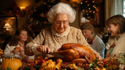 Grandmother carving a turkey at a festive thanksgiving gathering with her happy family