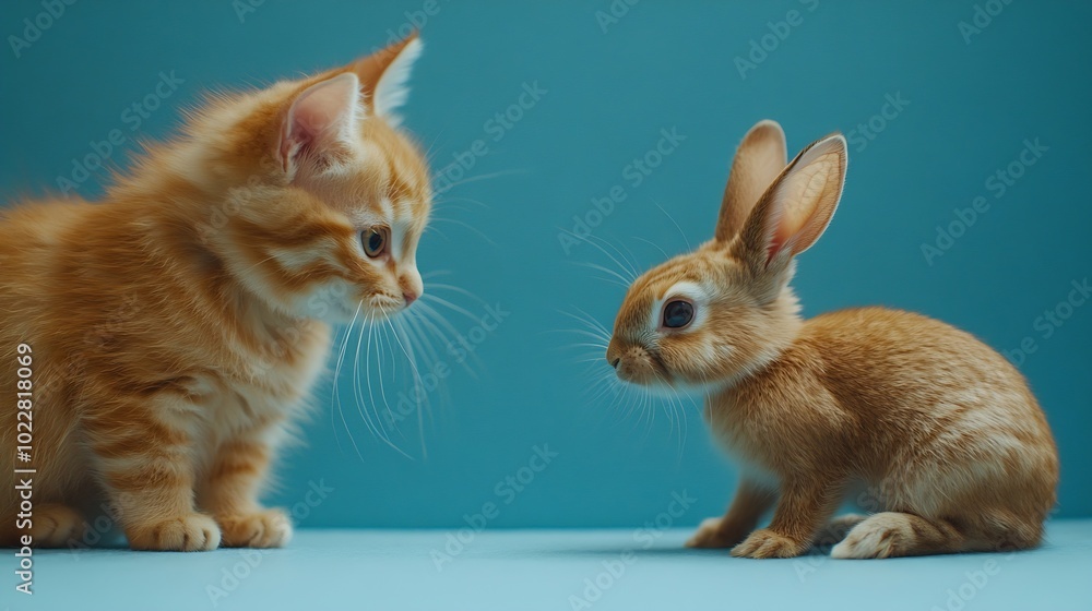 Poster ginger cat and rabbit playing together happy red pets isolated on blue : generative ai