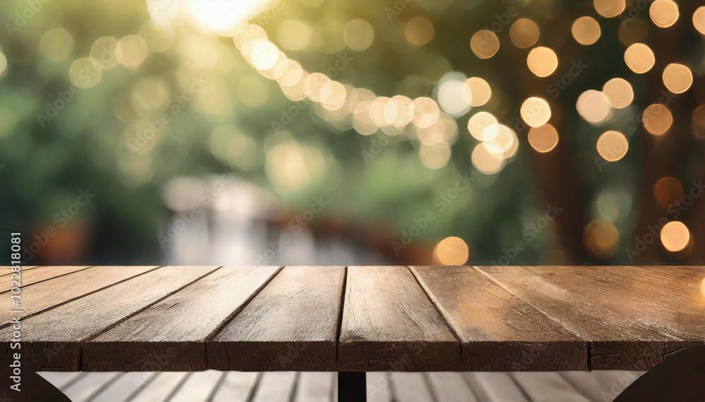 Poster a wooden table illuminated by soft bokeh lights in a serene garden setting during twilight hours