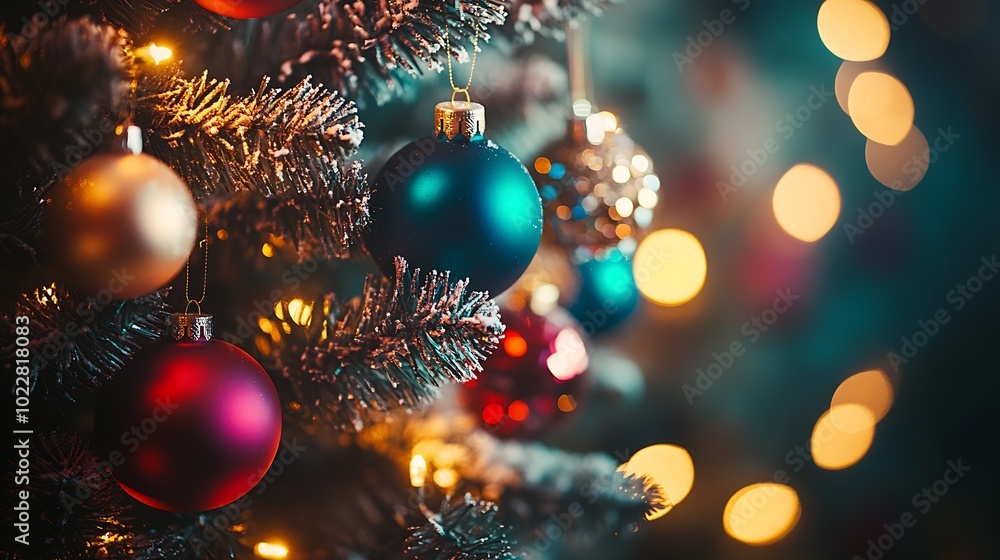 Poster magical christmas tree with colorful ornaments in nightime : generative ai