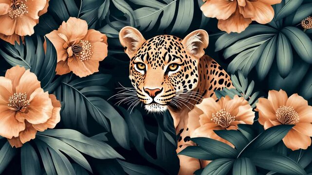 A leopard hides in a jungle setting, surrounded by lush foliage and delicate flowers