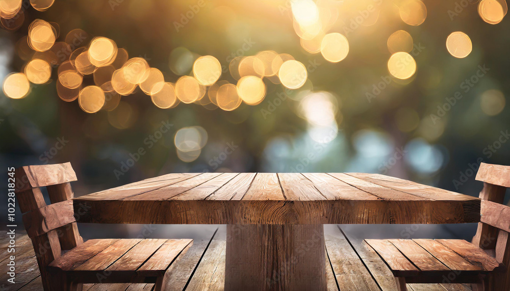 Poster rustic wooden table and chairs set against a backdrop of warm bokeh lights in the evening