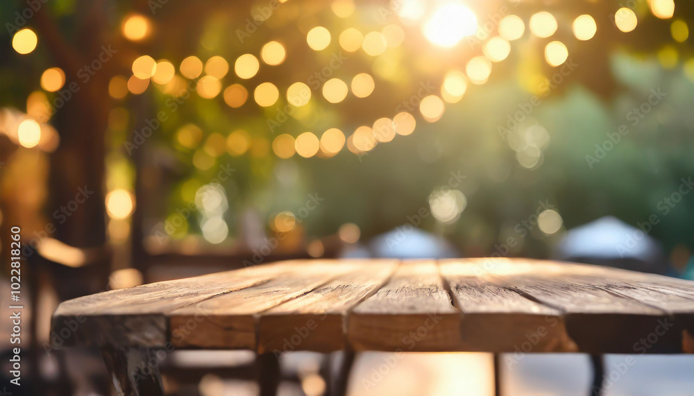 Poster a rustic wooden table set outdoors with glowing string lights at sunset, creating a warm and invitin