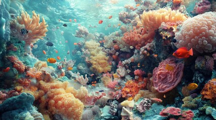 Fototapeta premium Lively 3D wallpaper of a bustling coral reef teeming with marine life, with fish darting through vibrant coral structures. No logos or people.