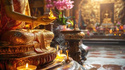 Tranquil Buddhist Sanctuary with Candles and Flowers