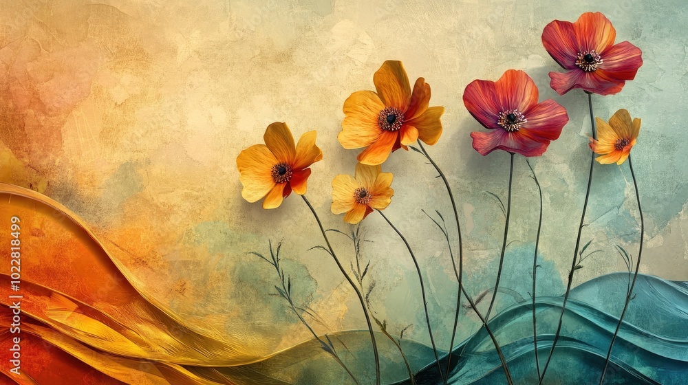 Poster artistic depiction of flowers on wavy stems featuring a vibrant and textured background with fluid w