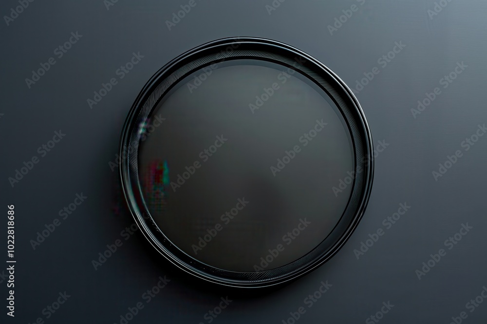 Poster a round black mirror resting on a dark surface, reflecting subtle shadows and colors in a minimalist