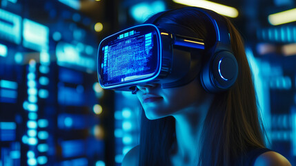 A woman wears a VR headset and headphones in a server room lit with blue lights.