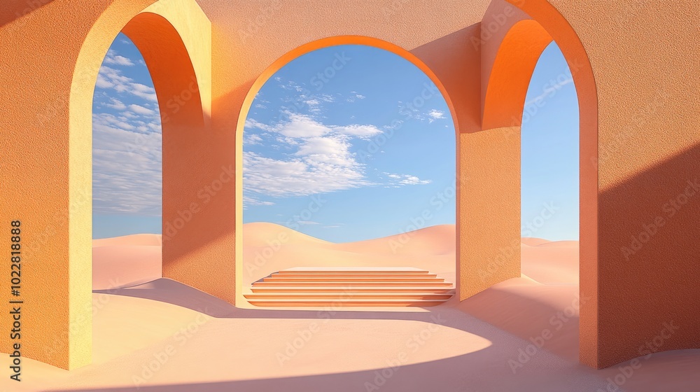 Aufkleber 3D render of an abstract surreal pastel landscape featuring arches and a podium for product display panoramic perspective vibrant dune scene with ample copy space blue sky with clouds minimalist d