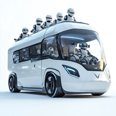 Obraz premium A futuristic cartoon van with robotic characters driving, set on a clean white background