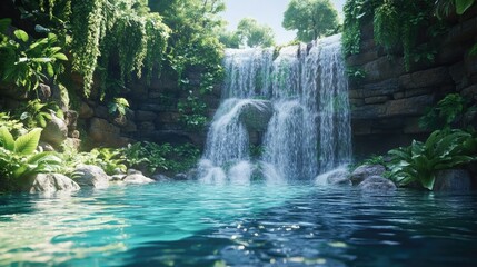 Lively 3D wallpaper of a lively waterfall cascading into a crystal-clear pool, with lush greenery surrounding. No logos or people.