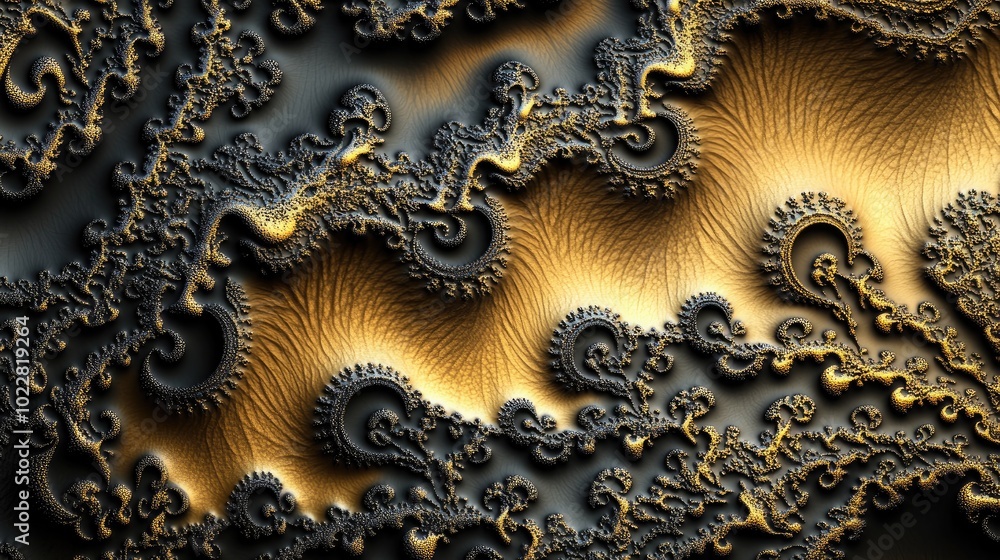 Poster Abstract golden and black pattern creating a fantasy fractal texture Digital art rendered in 3D ideal as a beautiful background for wallpapers albums posters or booklets
