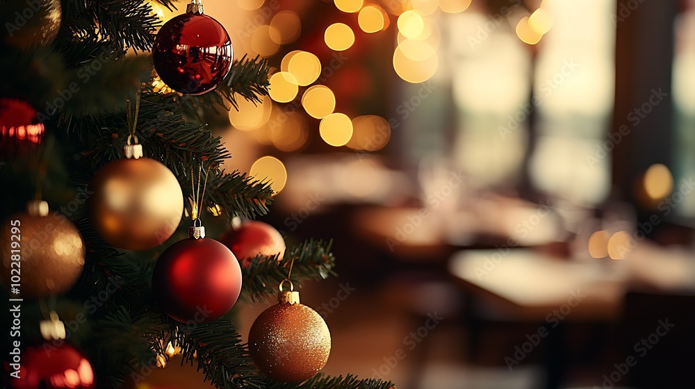Poster Christmas tree with red and golden ornaments in front of a blurred background : Generative AI