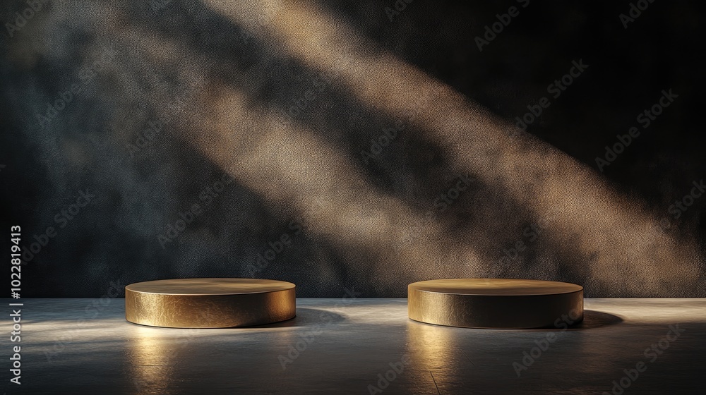 Aufkleber Abstract concept featuring three circular pedestals arranged in a minimalist space with dark tones designed for showcasing products on a golden platform 3D render