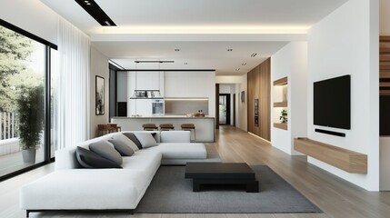 Fototapeta premium Modern open-plan living room and kitchen with minimalist design, featuring a white sectional sofa, flat screen TV, island with bar stools, and large windows.