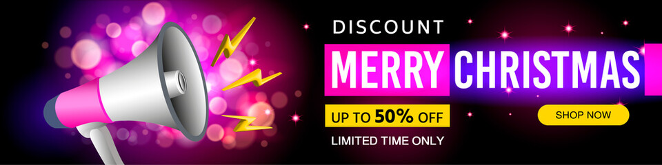 Christmas sale banner. Modern design with megaphone and glowing background Christmas sale. Discount up to 50 percent. Vector illustration, advertising design, retail and promotional campaign template