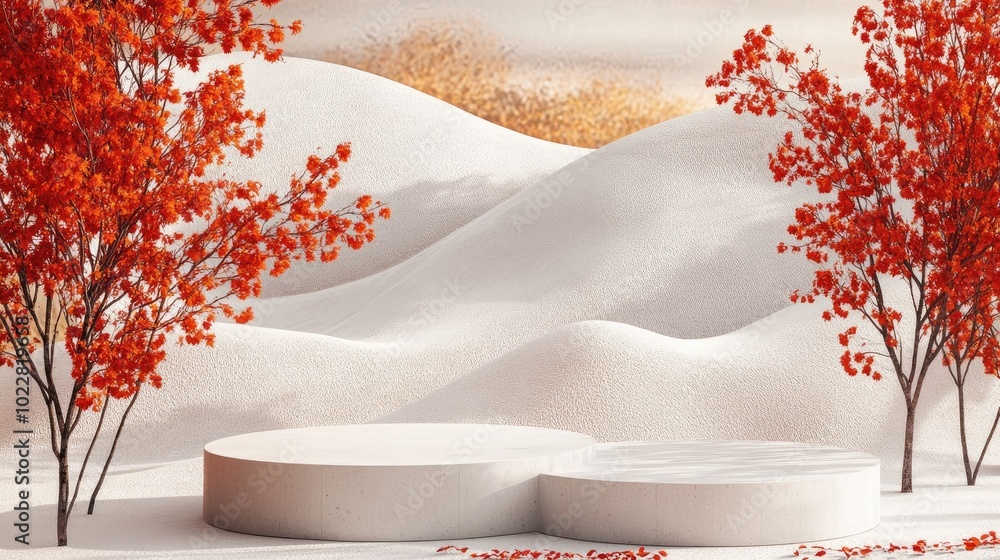 Poster abstract autumn landscape featuring a podium for product showcasing 3d rendering